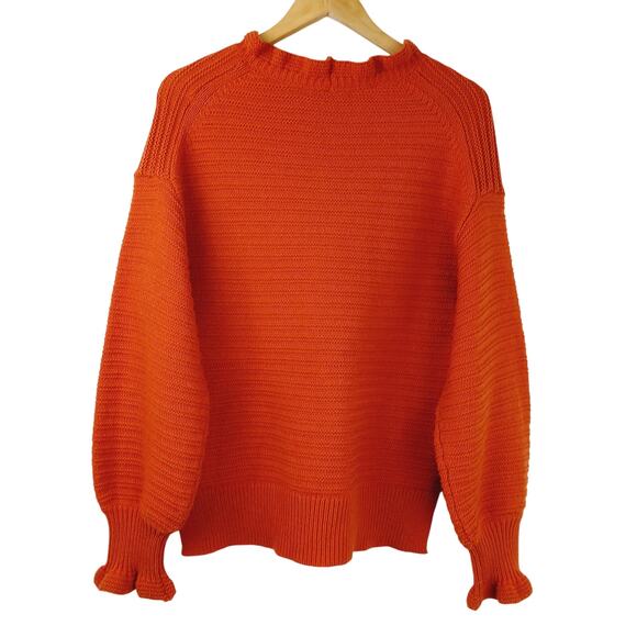 Madewell SZ L Ruffle-Neck Pullover Sweater in Cotton-Merino Yarn Color: Knit Red - Picture 5 of 5